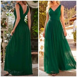 New Flowy Chiffon Pleated Waist V Neck Maxi Gown Dress Dark Green